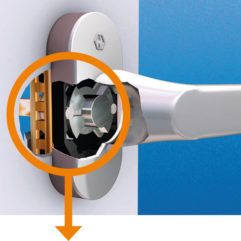 Fenstergriff mit integriertem Mechanismus und typischen Präzisions-Klickgeräusch